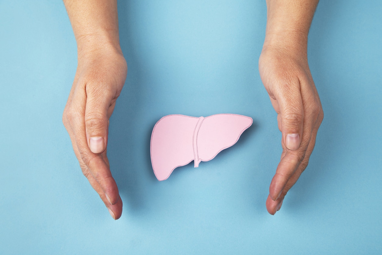 Human liver made of paper and hands isolated on blue background